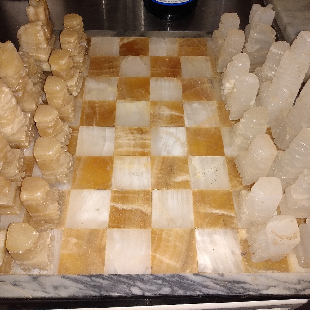 Vintage hand carved marble chess set w/ board